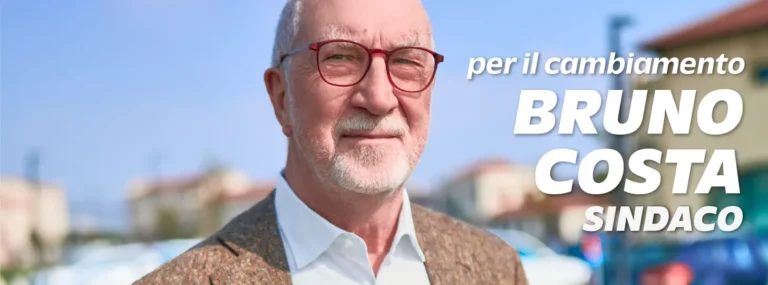 Primo piano di Bruno Costa e la scritta "Bruno Costa Sindaco"